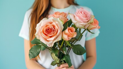 A woman holding a bunch of pretty roses in her hands, against a light blue backdrop, close up.