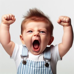 Baby with fists raised in triumph, mouth wide open, against a white background