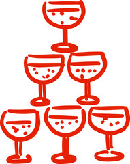 Champagne tower in a whimsical hand-drawn style. Isolated illustration in red color. Alcoholic drinks. Suitable for wedding invitations, posters, banners