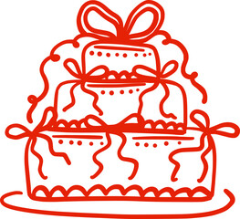 Wedding cake in classic style with decorative bows. Isolated illustration in red color. A holiday dessert in a whimsical hand-drawn style. Suitable for invitations, posters, banners
