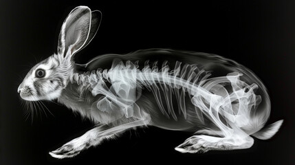 A rabbit is depicted with a surreal twist, as its body contains a visible skeleton structure. This unusual fusion of animal and anatomy creates a captivating and thought-provoking image.