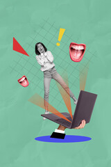 Creative trend collage of sad scared female cyber bullying mouth laugh problem dislike billboard comics zine