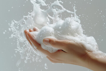 Fototapeta premium Hands holding a mass of soapy foam with bubbles bursting mid-air, capturing the dynamic motion and delicate structures