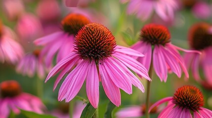 A close-up of a beautiful purple coneflower in a field of flowers.