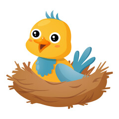 Cartoon cute baby birds in the nest in natural environment isolated on white background.
