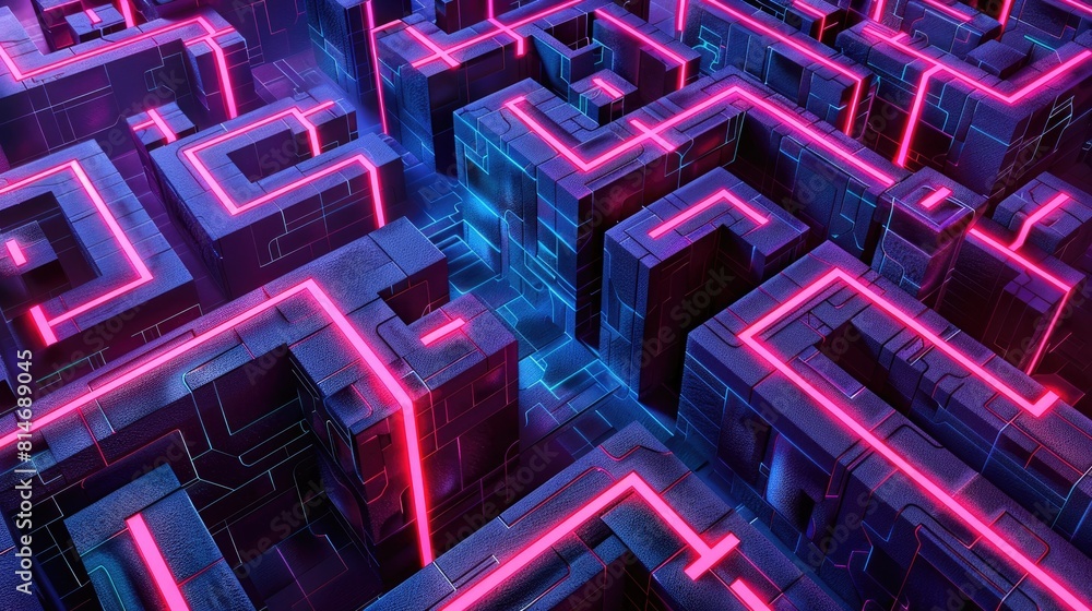 Aufkleber a maze of neon colored blocks with a blue line running through it