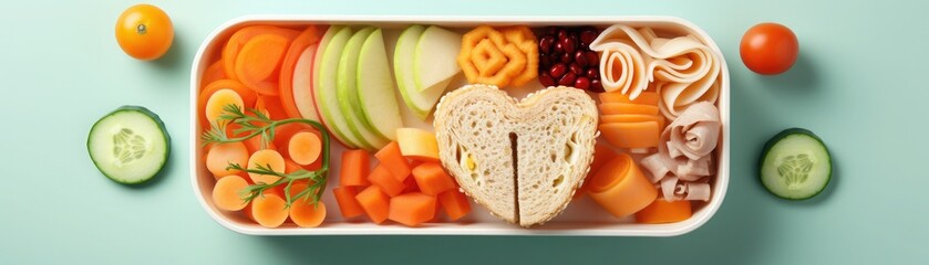A healthy and delicious lunch box with a variety of fresh vegetables, fruits, and whole wheat...
