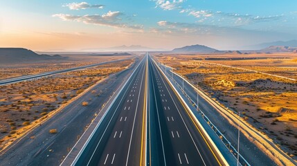 Fototapeta premium Aerial view of an expressway through a desert landscape during midday, illustrating the harsh conditions and vital transportation links