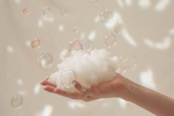 Gentle hand holds a cluster of white foam with iridescent bubbles floating around, illuminated by soft, natural sunlight, symbolizing purity and cleanliness on a serene blue backdrop