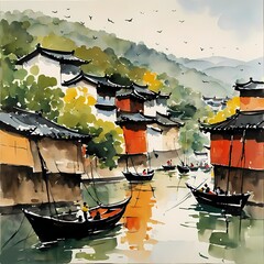 Obraz premium Japanese Village Landscape, Generative AI Illustration 