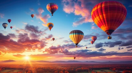 Hot air balloons floating in the sky at sunset.