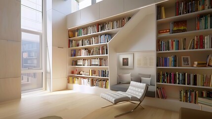 minimalist home library with built-in shelving and a cozy reading nook