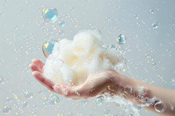 Fototapeta premium Close-up of a hand clutching a mound of soapy foam with translucent bubbles floating against a softly lit neutral backdrop