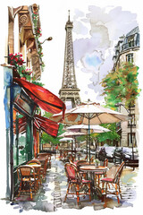 Beautiful watercolor painting of a pedestrian street in the city of Paris, with a typical cafe with a terrace and the Eiffel Tower in the background