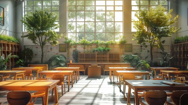 Agricultural school classroom, smart technology, green ecology, sustainability. Generative AI.