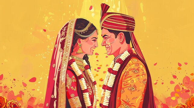 An Indian couple is shown getting married in traditional attire.