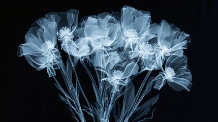 X-Ray shot of flower. A vibrant assortment of flowers fills a decorative vase sitting on a table. The various petals, stems, and leaves create a colorful display, bringing a touch of nature indoors.