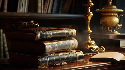 Antique Books on the Desk. Black and Gold Color Scheme.


