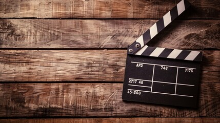 An old-fashioned movie clapperboard resting on a wooden surface.