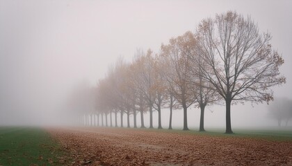 desolate autumn landscape row of trees in thick fog