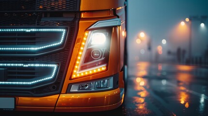 Obraz premium Closeup of a trucks headlights at night, shining bright and glossy on a foggy evening, with copy space for logistics branding