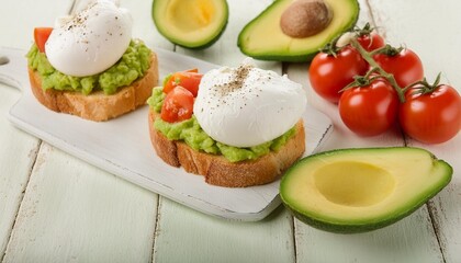 poached egg on bread with avocado and tomatoes