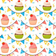 Seamless pattern with different cupcakes on a white background. Sweet pastries decorated with hearts, cherry, flower and star.