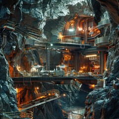 Futuristic Subterranean Gold Mine with Advanced Materials and Equipment