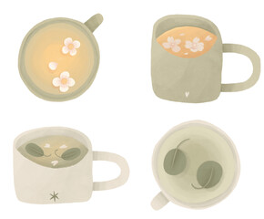 Png collection of green tea mug, herbal tea cup with flower and leaves decoration. Front view and top view. Textured hand drawn pics. Set against a transparent background