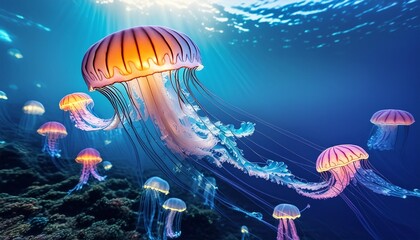 luminescent jellyfish gracefully drifting in the deep blue ocean at twilight