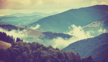 mystic landscape of misty mountain hills filtered image cross processed old effect