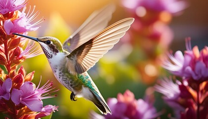 Un gros plan d’un colibri sur une fleur