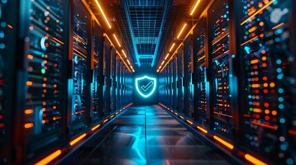 The dark server room with blue and orange lights and a glowing blue shield in the center.