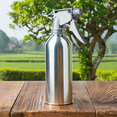 plain shiny metal spray can aerosol trigger sprayer mockup on wood table with green garden background. 3d render. ai generative