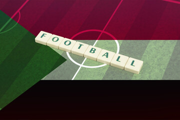 Football text on field with Sudan flag, soccer ball and national flag, tournament or competition