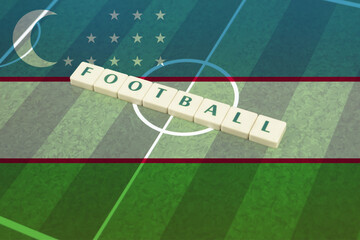 Football text on field with Uzbekistan flag, soccer cup idea, Uzbekistan football team, victory 