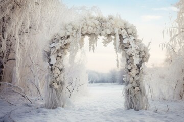 Winter wonderland wedding arch with snowy landscape, frosty decoration, and elegant seasonal theme for outdoor marriage ceremony