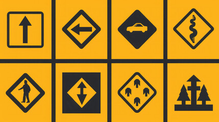Set of traffic and directional signs in vibrant yellow, minimalist design