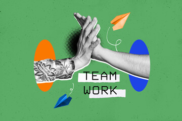 Composite photo collage of two business people give high five together success deal team work...