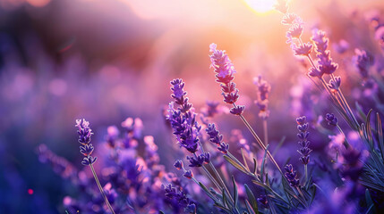 Lavender field at sunset with vibrant purple hues