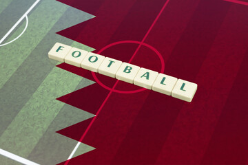 Football text on field with Bahrain flag, tournament or competition, victory and win concept