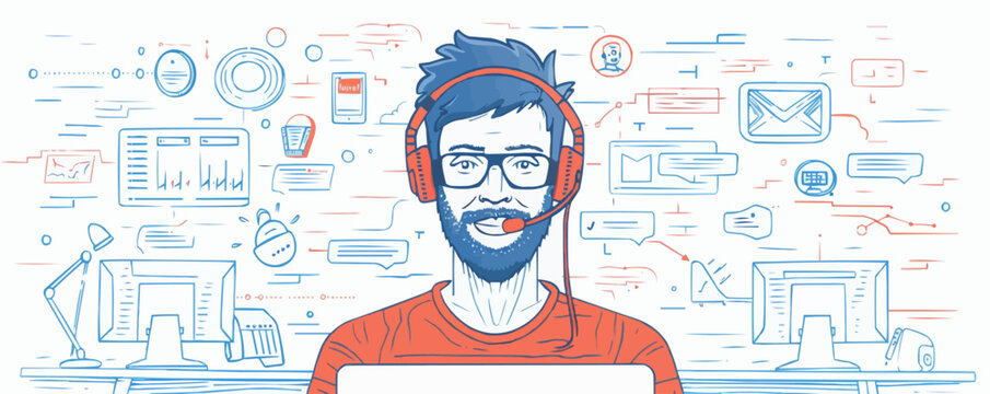 Customer service, call center concept. Online technical support, Hotline operator, virtual assistant, office worker with headset. Male character. Vector outline illustration on transparent background
