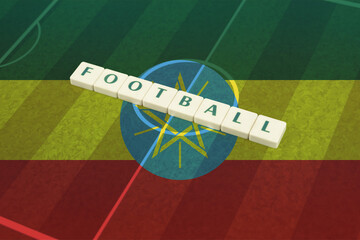 Football text on field with Ethiopia flag, victory and win concept, soccer ball and national flag