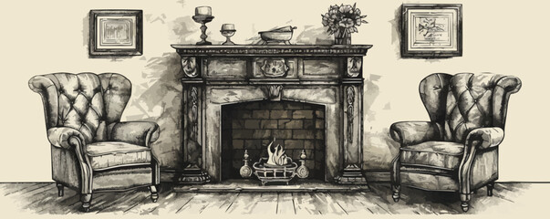 Fototapeta premium Vintage old fireplace sketch hand drawn engraved style. vector simple illustration