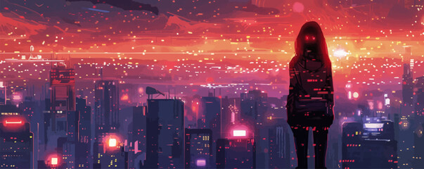 girl in a cyberpunk city dressed in anime vector cyberpunk. vector simple illustration