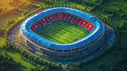 Aerial view of a large stadium surrounded by lush greenery and road access