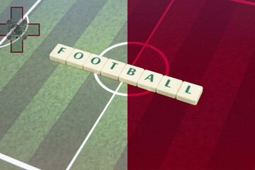 Football text on field with Malta flag, victory and win concept, Malta football team, soccer cup 