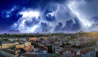 Aerial view of Bratislava from drone with a storm approaching the city, Slovakia