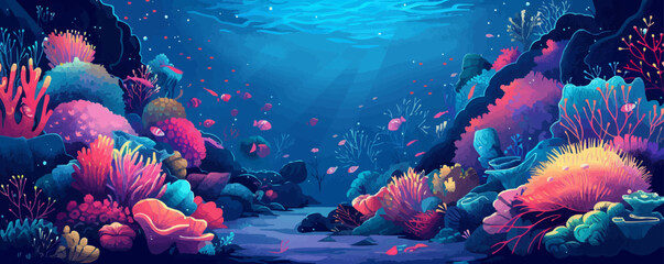 A surreal underwater world teeming with colorful coral reefs and exotic marine life. Vector flat minimalistic isolate