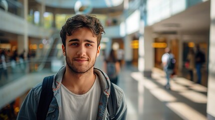 Fototapeta premium Young dark-haired man with backpack behind his back against the backdrop of shopping center